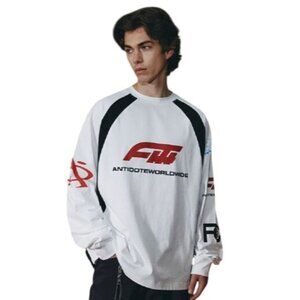 Antidote Men's Shirt Racing Logo Patchwork White Long Sleeve T-Shirt Medium